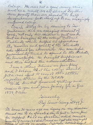 Amos Stagg Jr Signed Handwritten 4 Page Letter NCAA Stagg Sr Content JSA