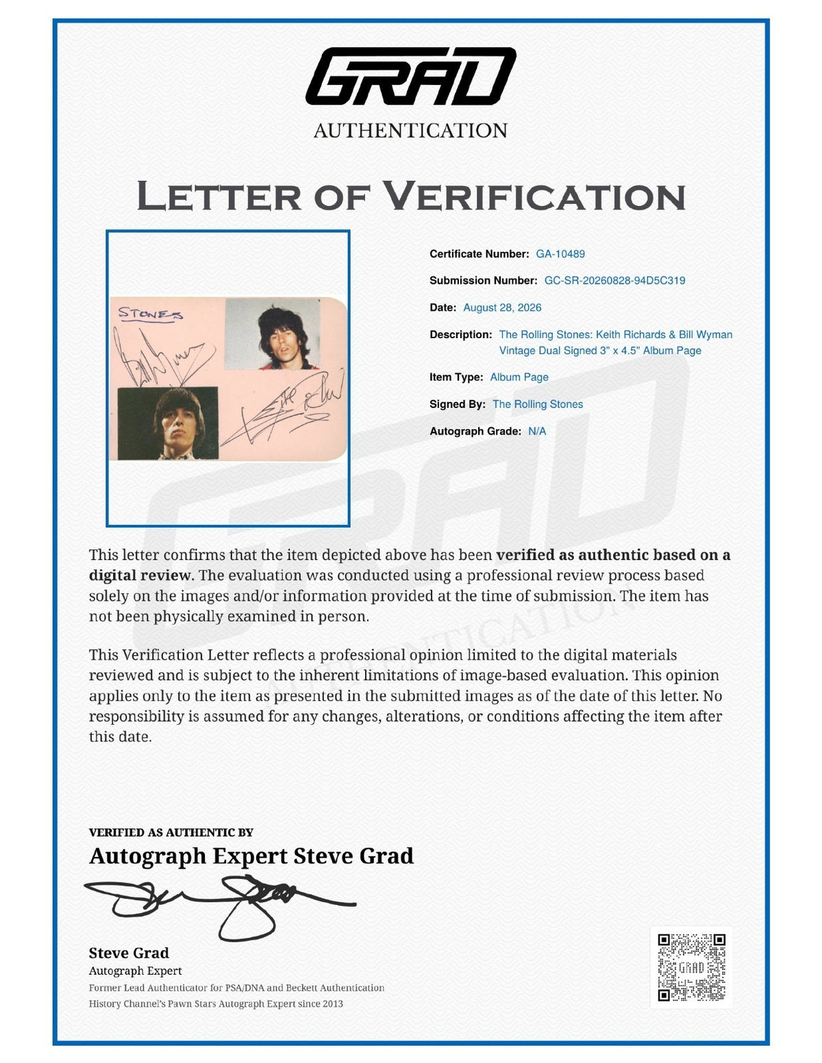 Keith Richards Bill Wyman Signed Auto Rolling Stones 3x4.5 Album Page Grad LOA1