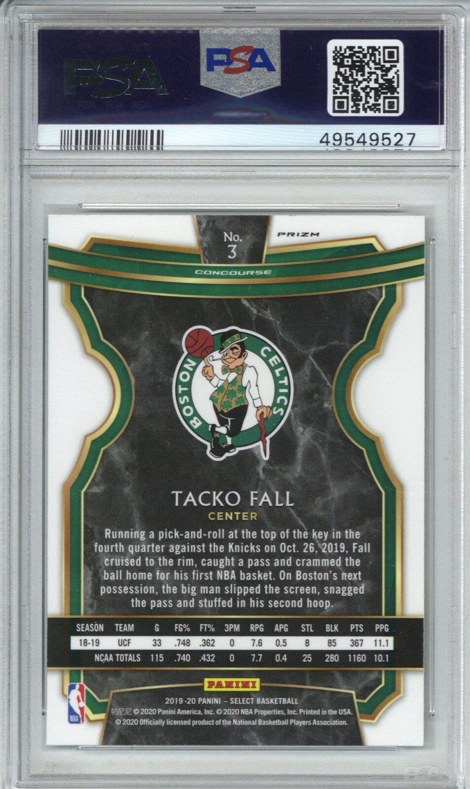 2019-20 Panini Select Tacko Fall RC Rookie Silver Prizm PSA 101
