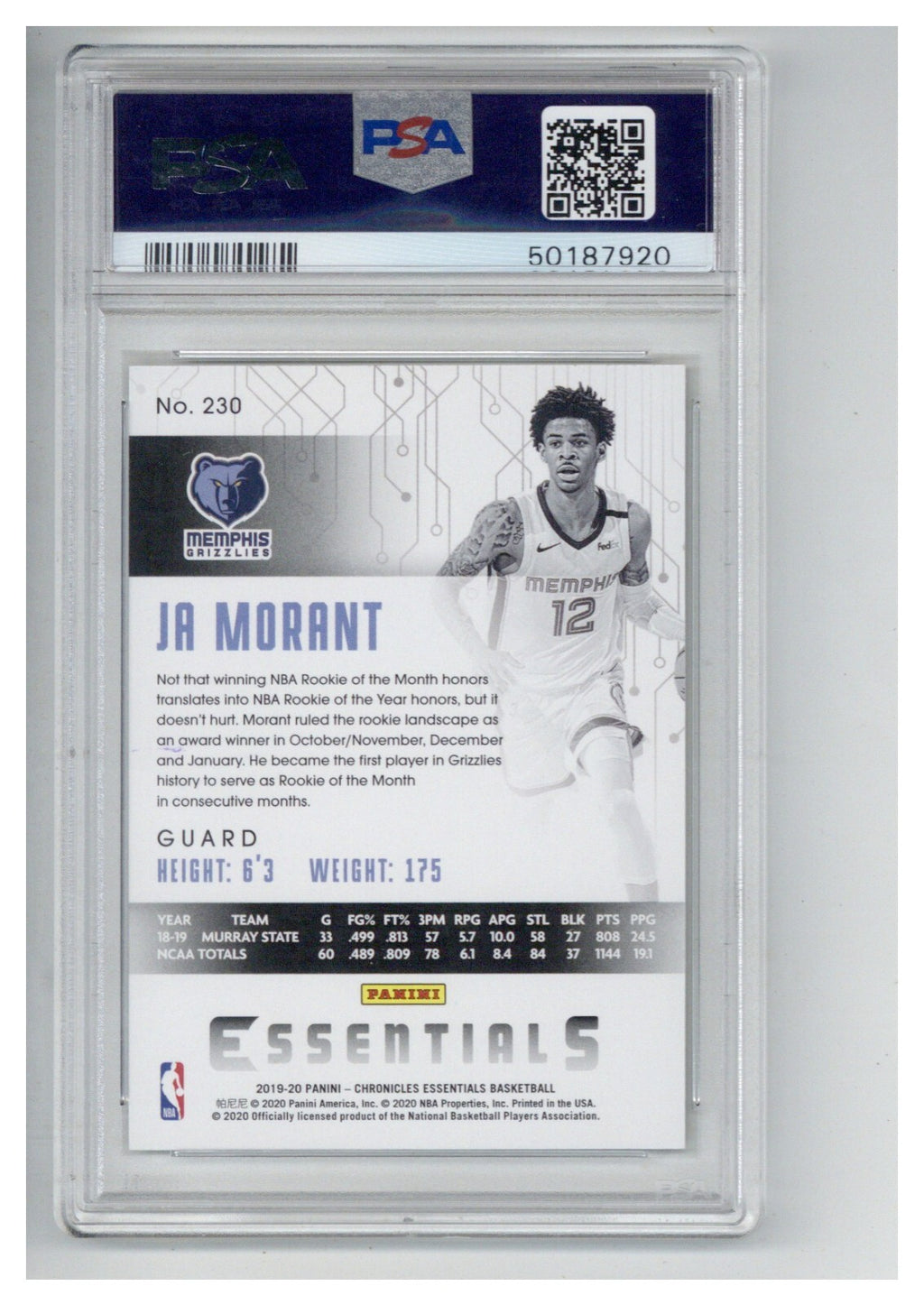 2019 Panini Chronicles Ja Morant 230 PSA 101