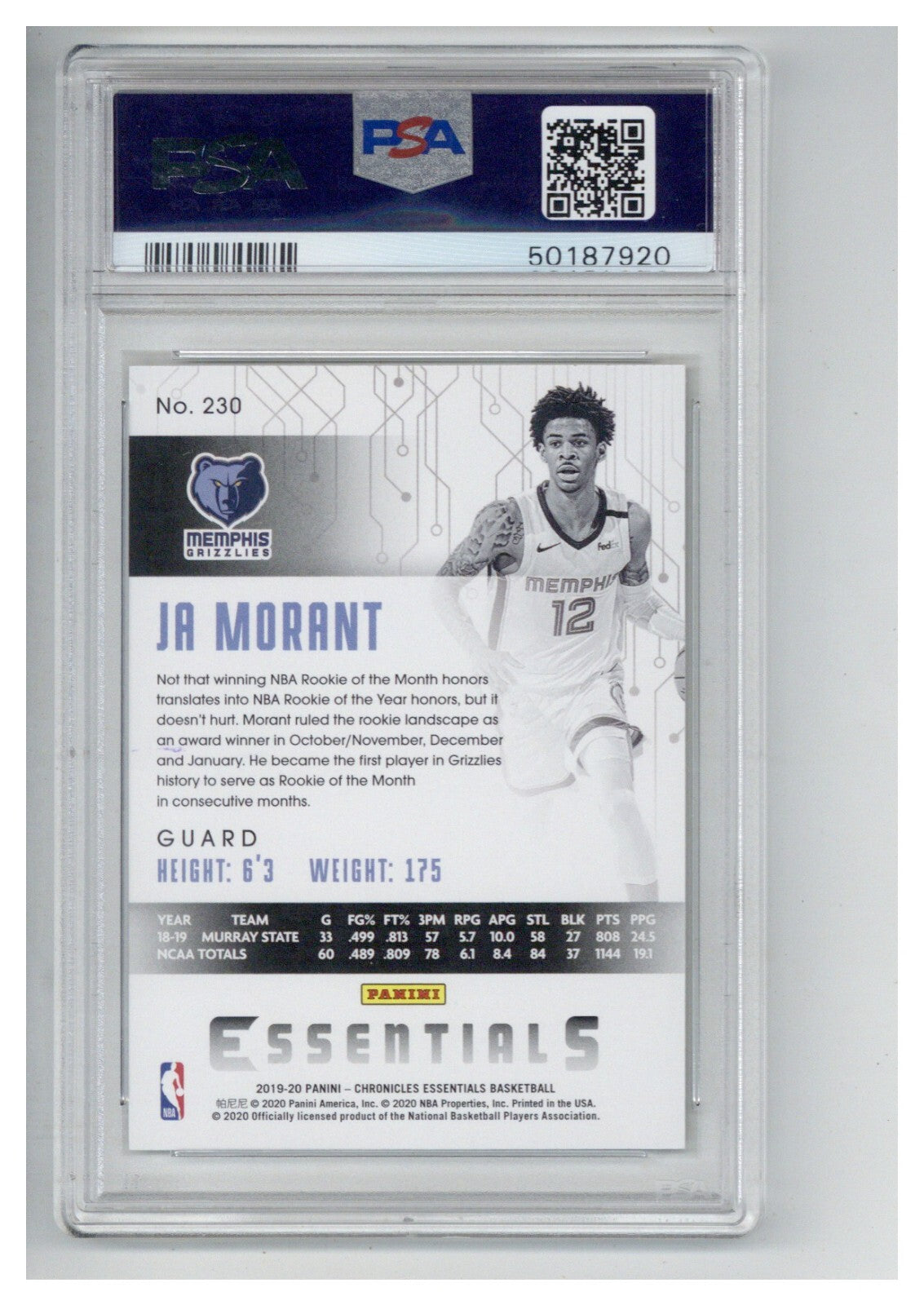 2019 Panini Chronicles Ja Morant 230 PSA 101