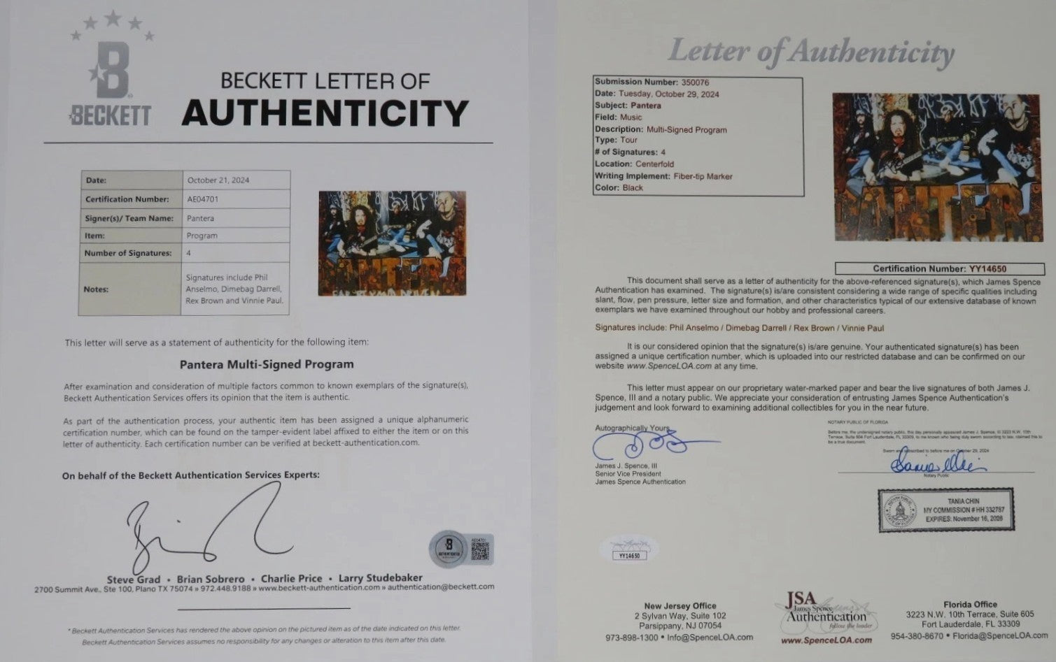 Pantera Group Signed Auto 1994 Original Tour Program All 4 Members JSA Beckett1