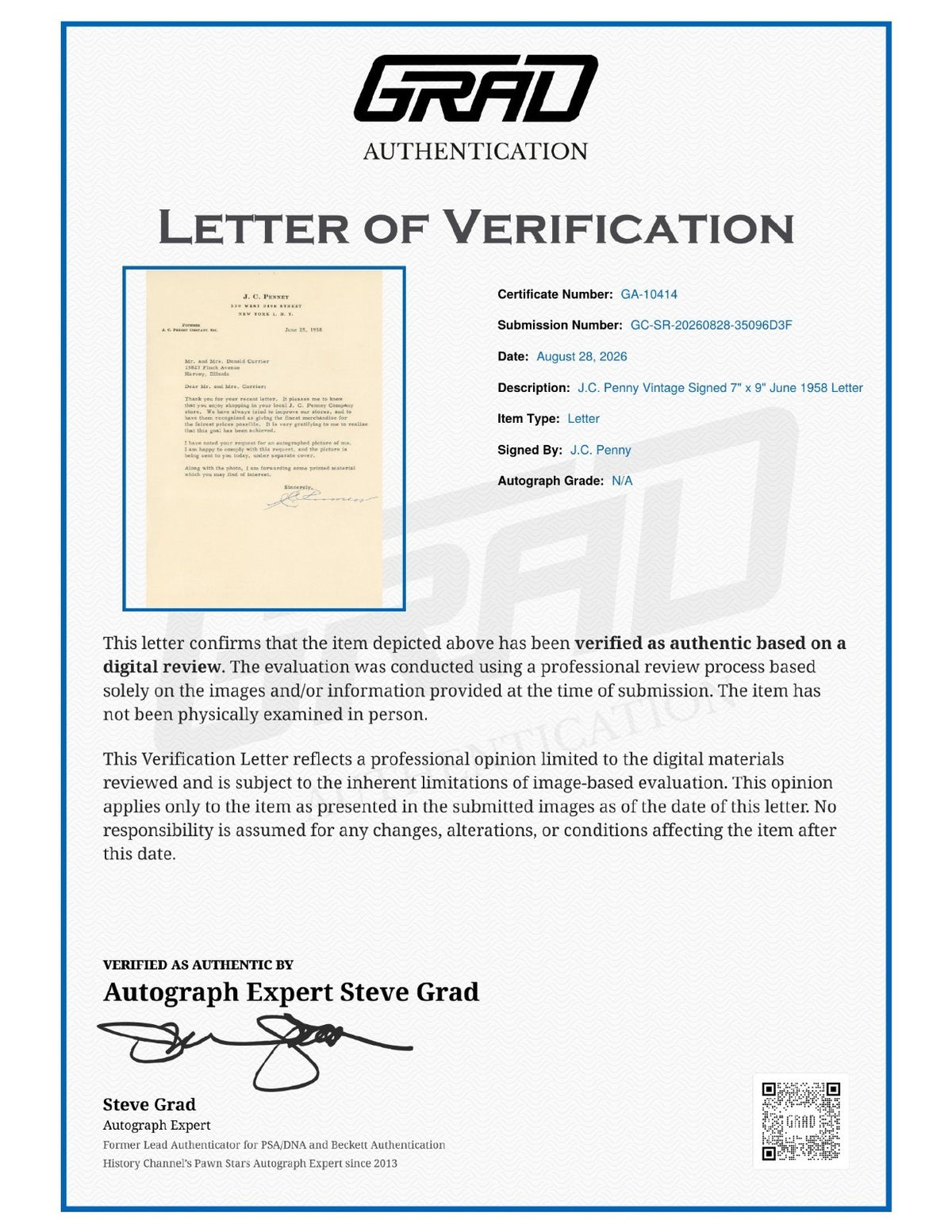 JC Penney Signed Auto 7x9 June 1958 Letter Vintage Founder Grad LOA1