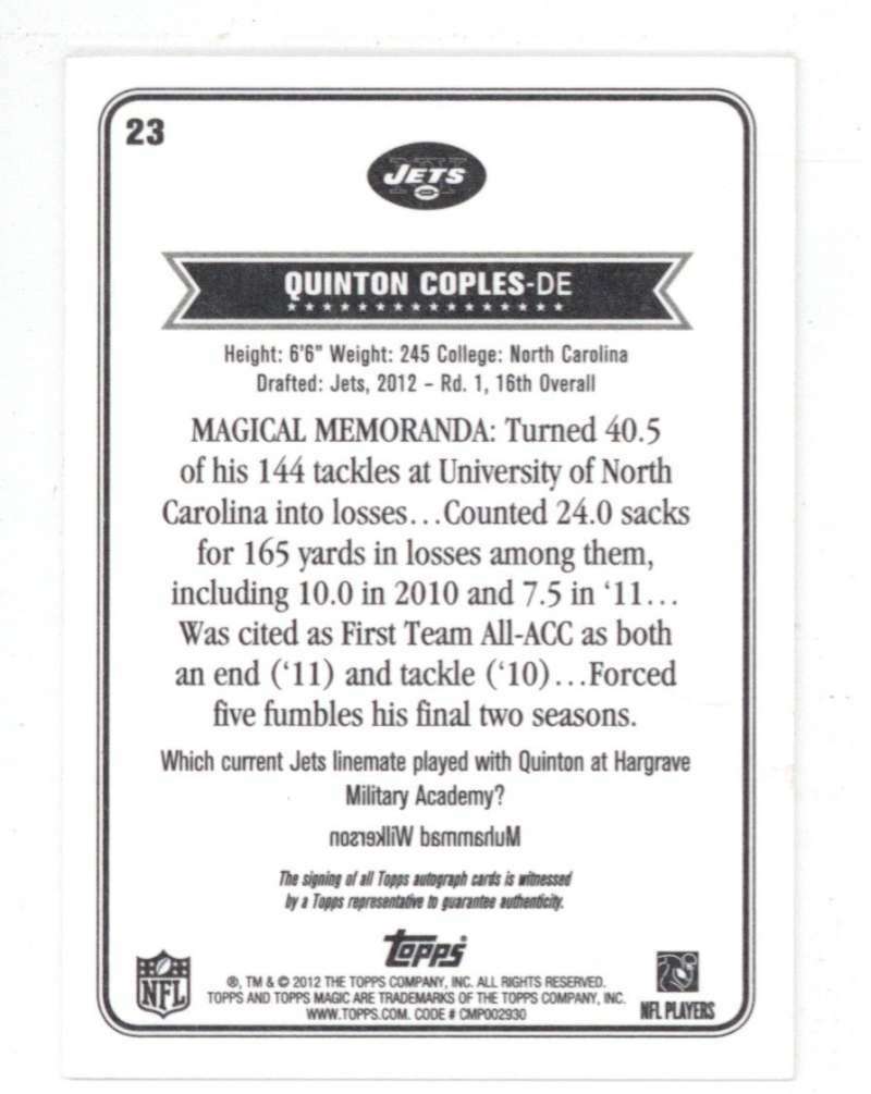 Quinton Coples Signed Auto 2012 Topps Magic Rookie #23 1