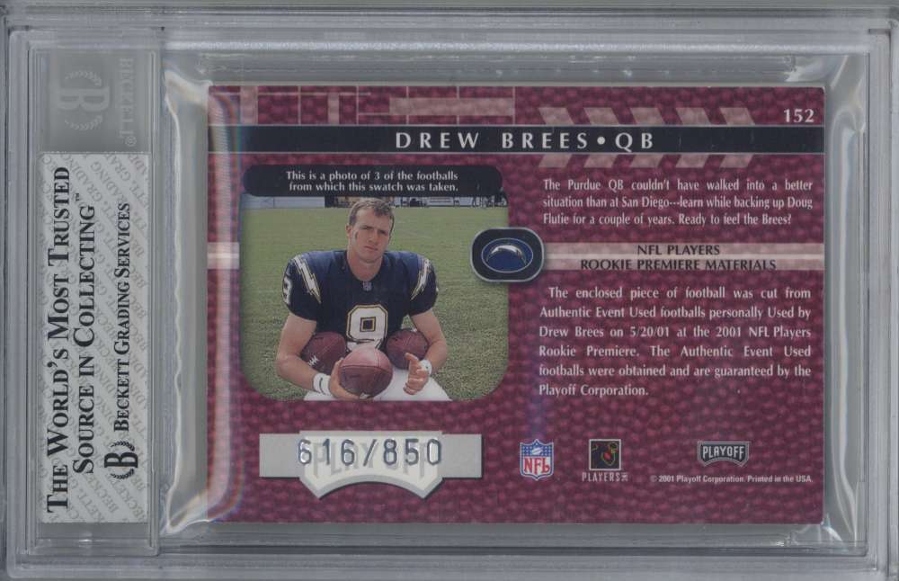 Drew Brees 2001 Absolute #152 Rookie Patch Card RC /850 BGS 8 2