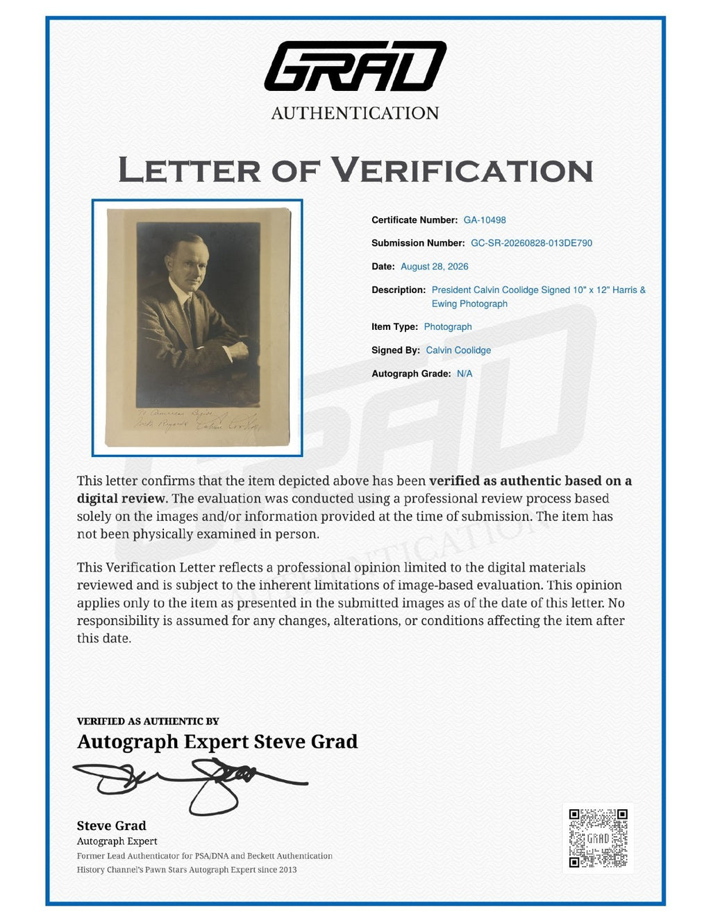 Calvin Coolidge Signed Auto 10x12 Harris and Ewing Photo President Grad LOA1