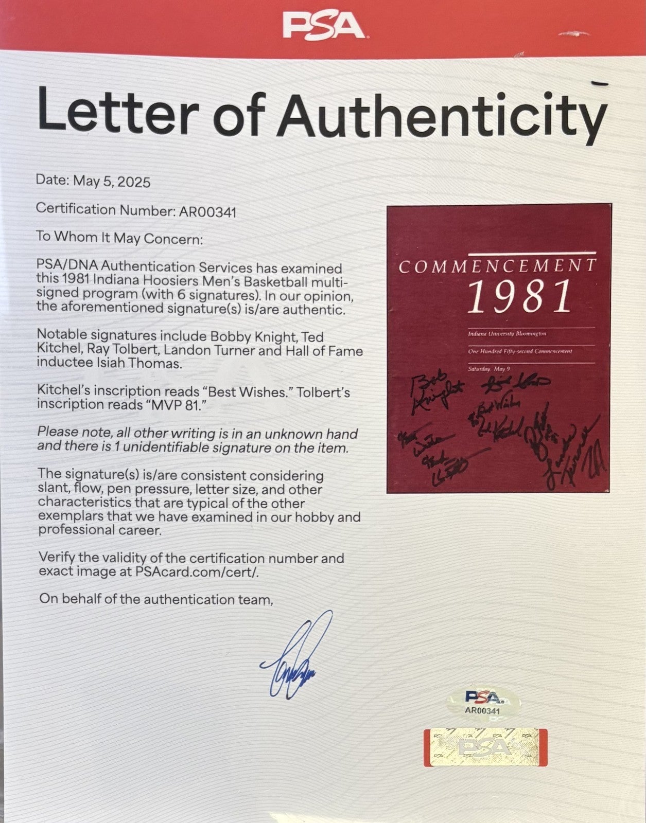1981 Indiana Hoosiers Champion Team Signed Program Bob Knight Thomas PSA/DNA LOA1