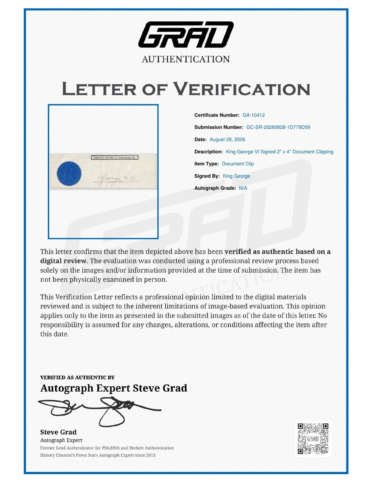 King George VI Signed Auto 2x4 Document Clipping Grad LOA1