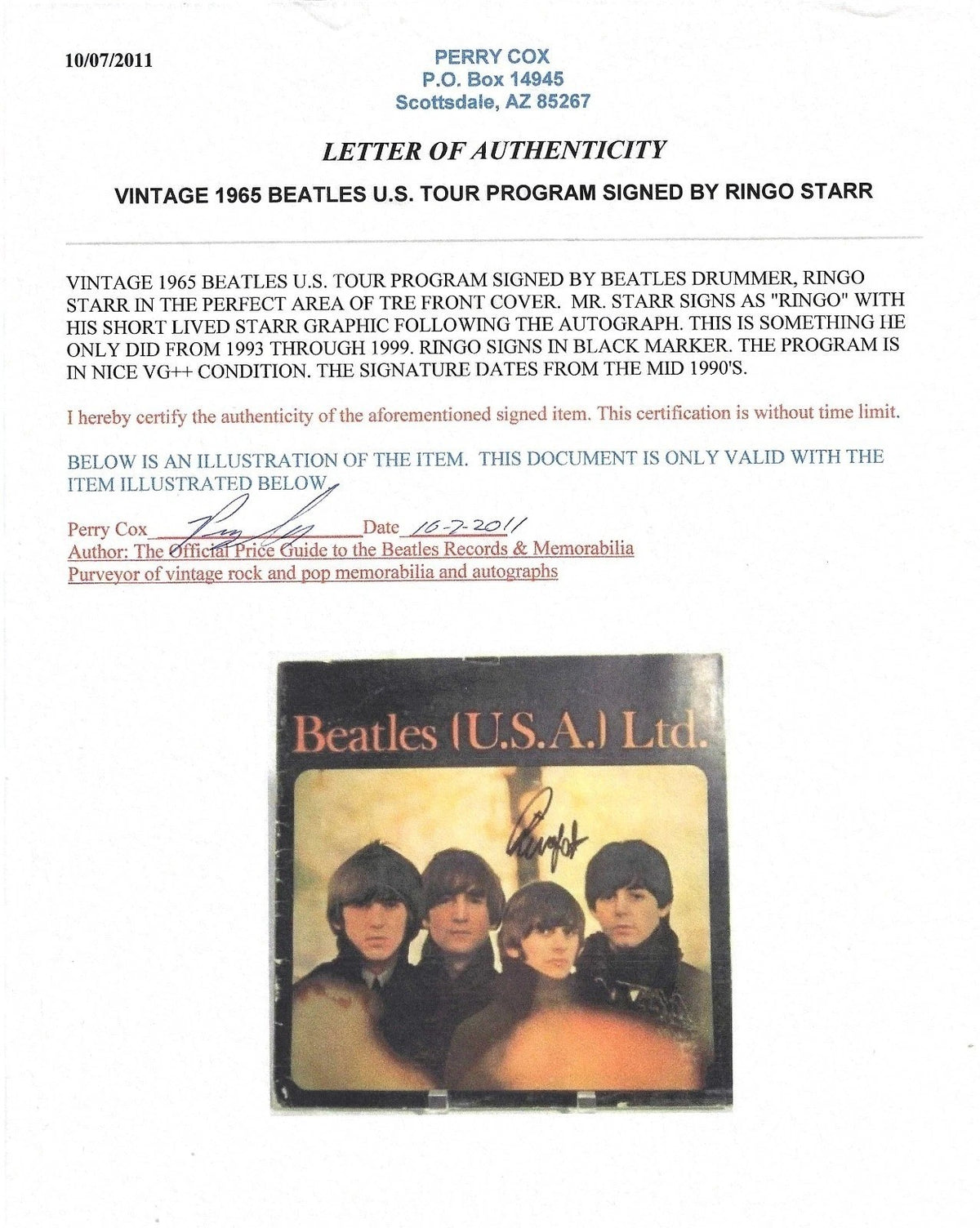 Ringo Starr Signed Auto 1965 Beatles US Tour Program Perry Cox Grad LOA1