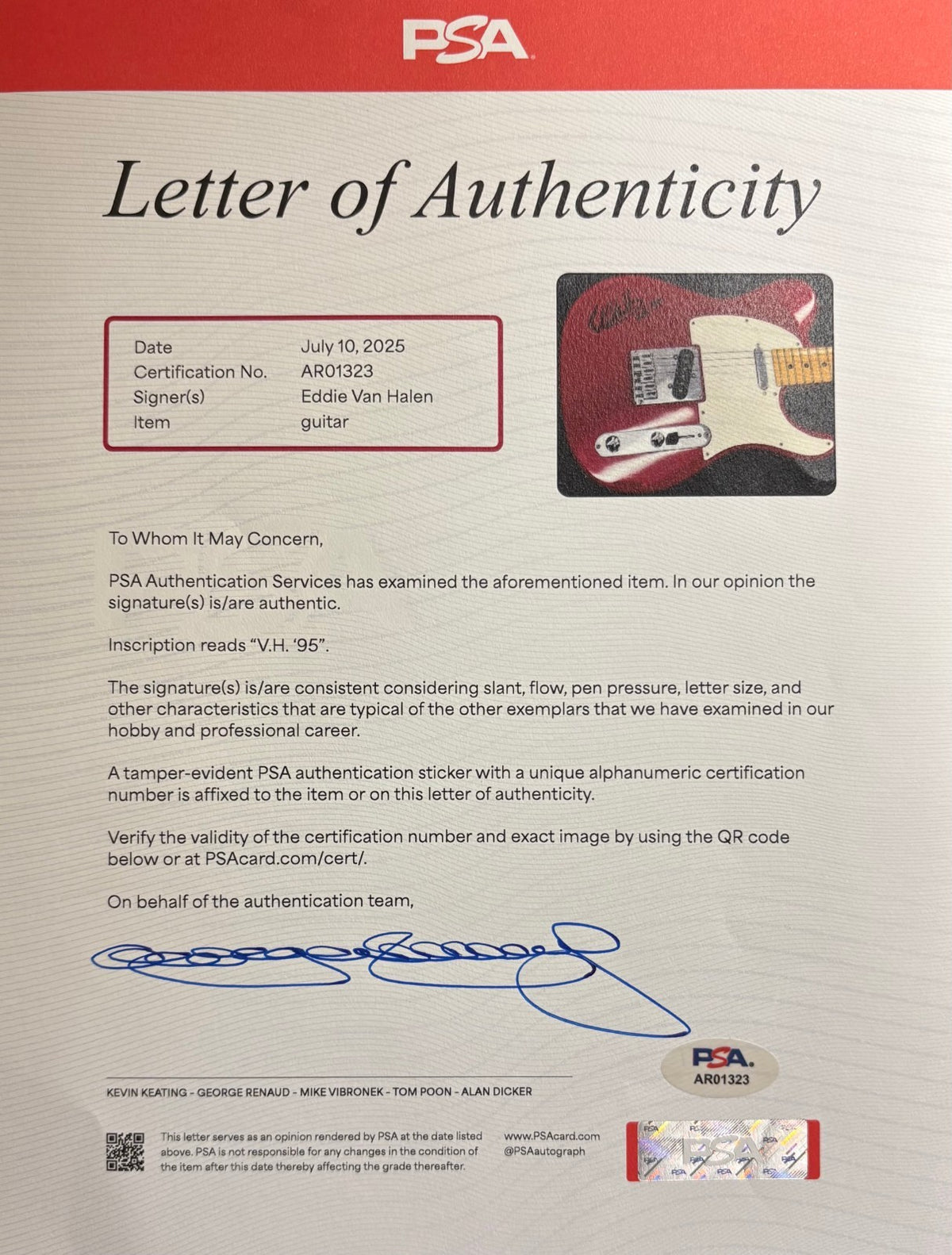 Eddie Van Halen Signed Peavey Guitar Autographed VH On Body PSA PSA/DNA3