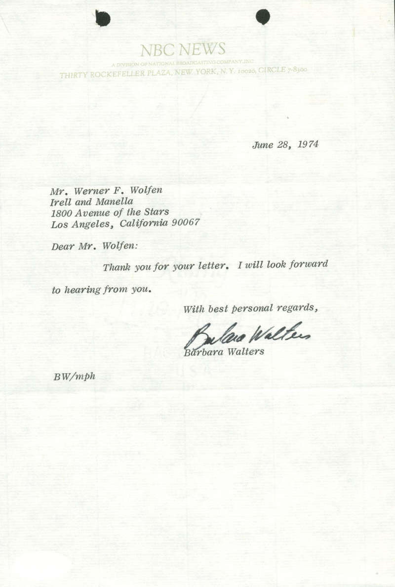 Barbara Walters NBC News Signed Autographed 1974 Typed Letter PSA/DNA0