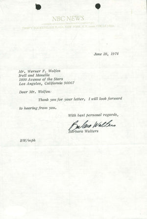 Barbara Walters NBC News Signed Autographed 1974 Typed Letter PSA/DNA