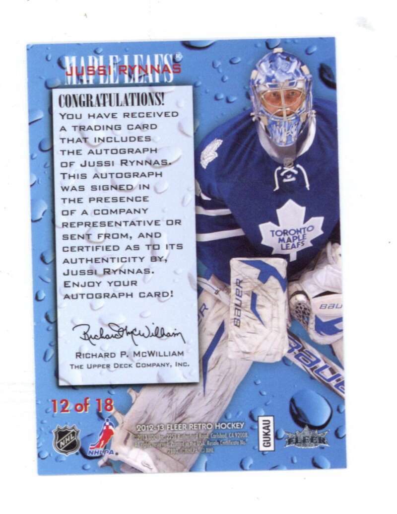 Jussi Rynnas Signed Auto 2012 13 Fleer Retro 1