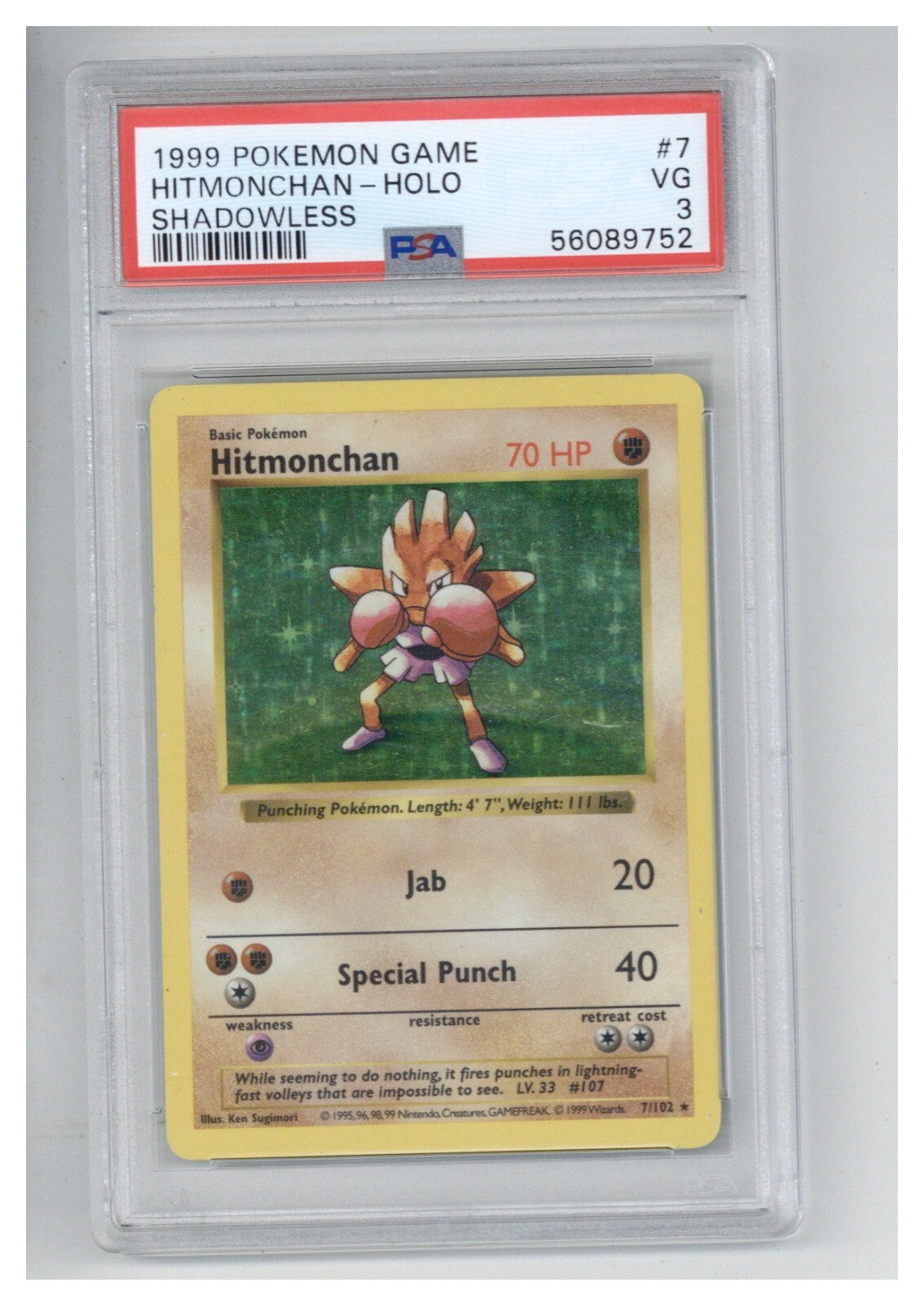 1999 POKEMON GAME 7 HITMONCHAN HOLO SHADOWLESS PSA 30