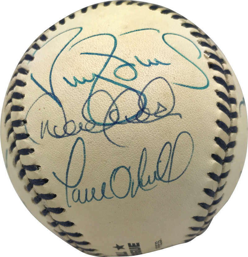 1996 Yankees Team Signed OAL Mickey Mantle Baseball Jeter Rivera PSA/DNA0