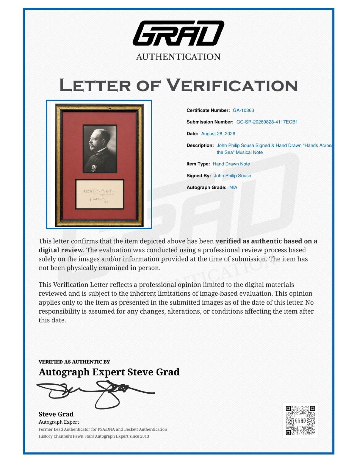 John Philip Sousa Signed Auto Hands Across the Sea Musical Note Grad Auth2