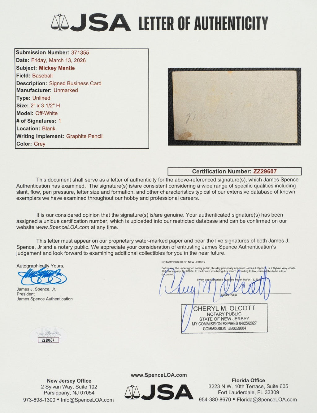 Mickey Mantle Rookie Era c. 1951 Signed 2x3.5 Business Card JSA LOA2