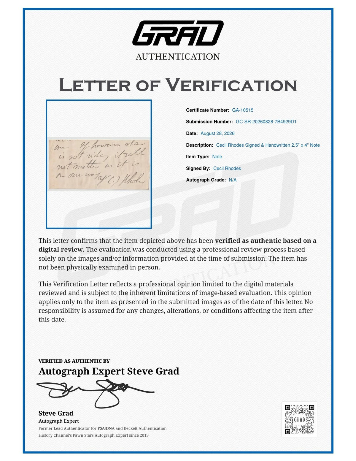 Cecil Rhodes Signed Auto Handwritten 2.5x4 Note Rhodesia Grad LOA1