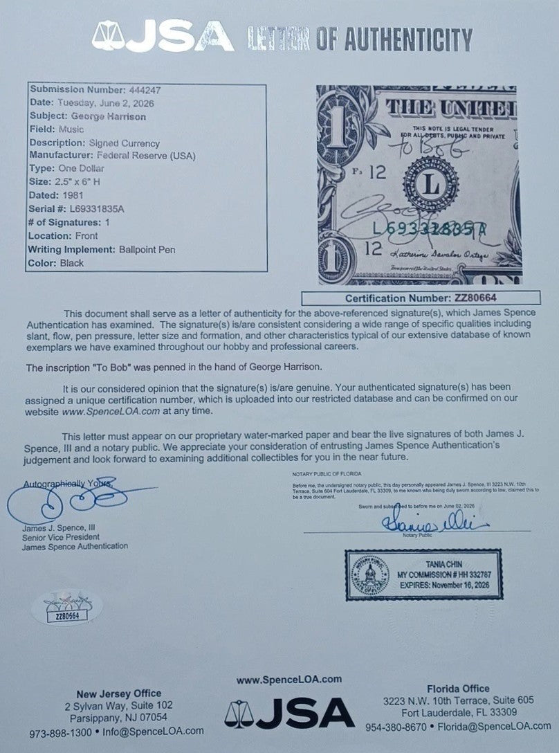 The Beatles George Harrison Signed Auto US $1 Bill JSA2