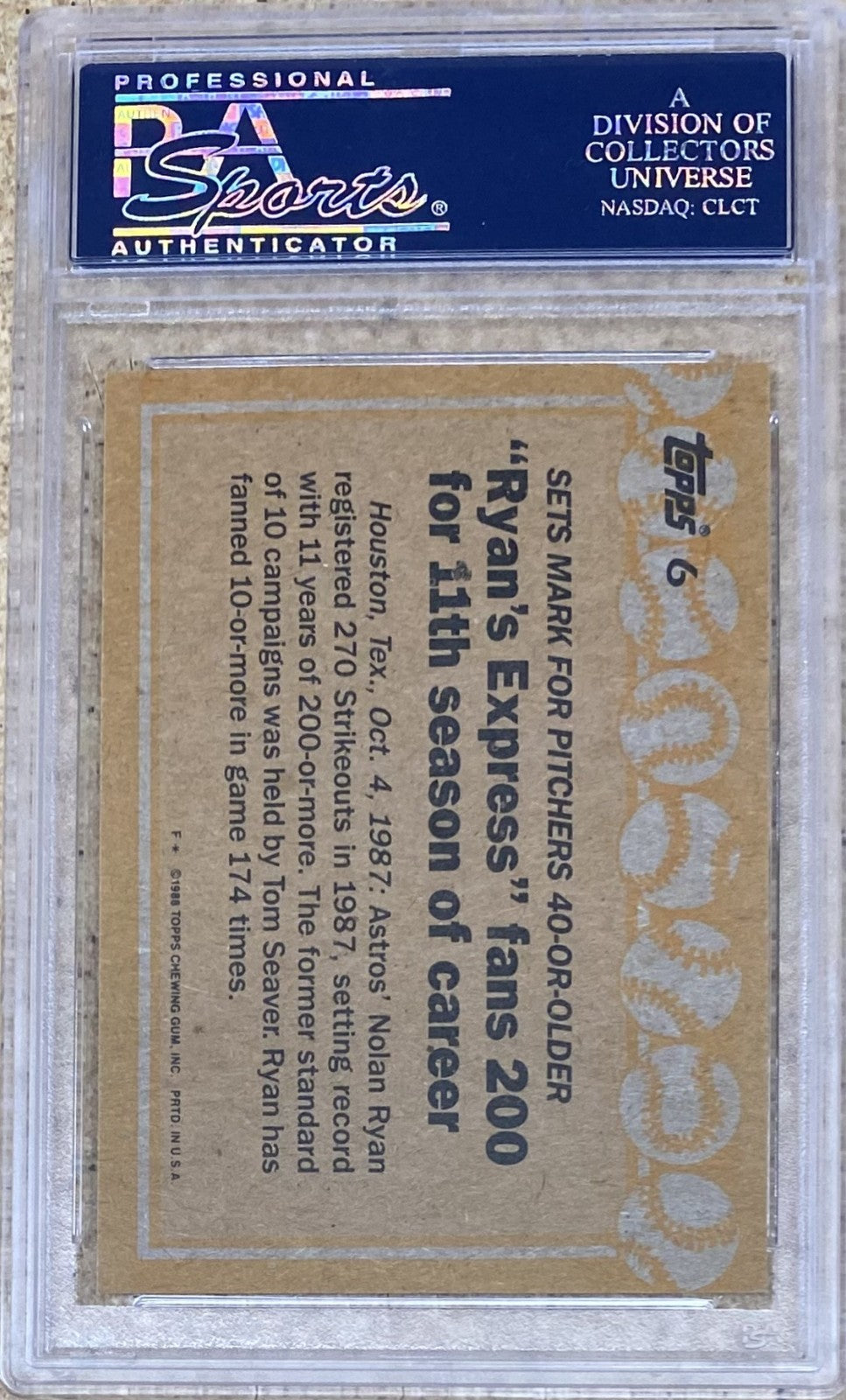 Nolan Ryan Signed 1988 Topps #6 Record Breakers Card PSA PSA/DNA Authentic1