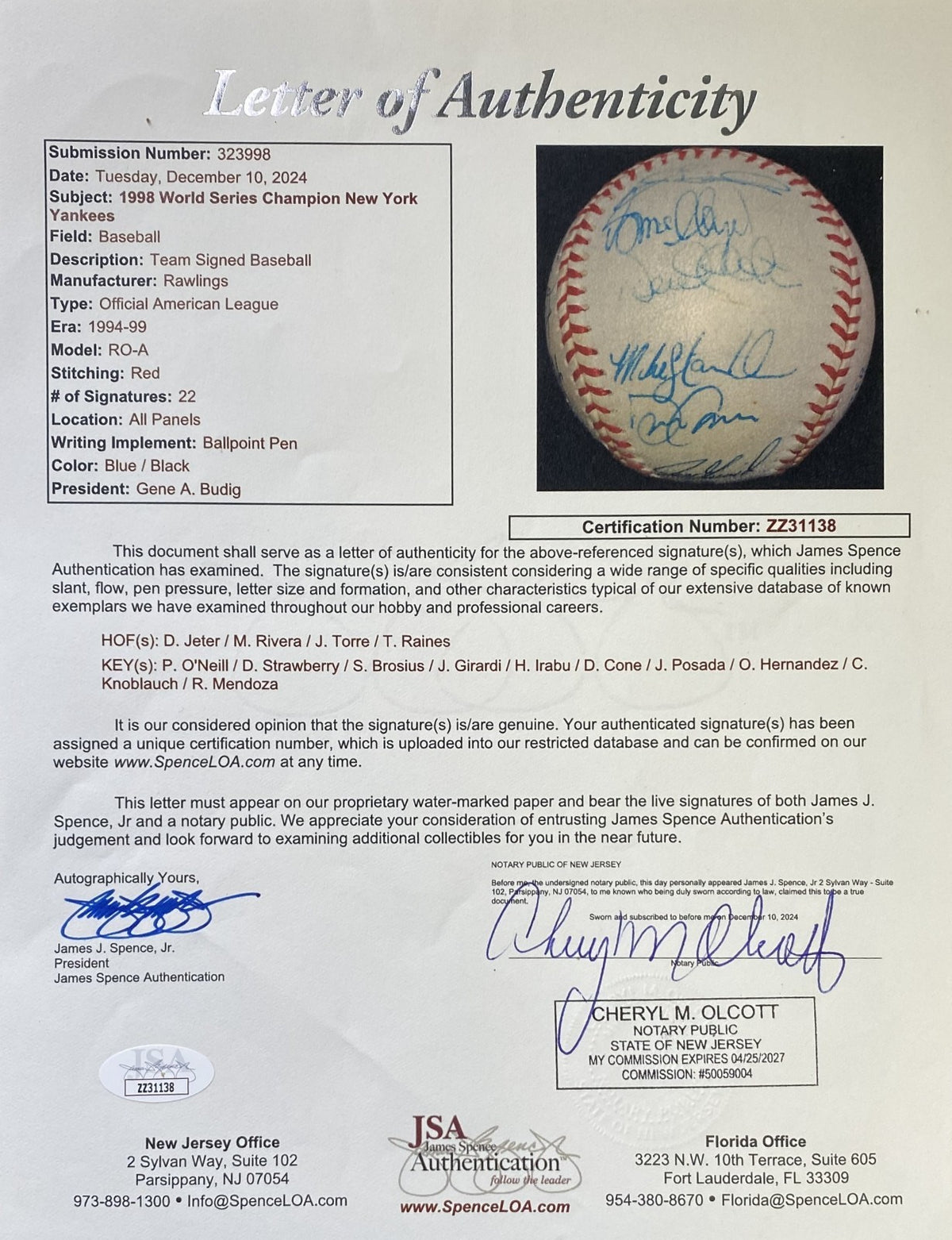 1998 New York Yankees Team Signed OAL Baseball Jeter Rivera Torre JSA4