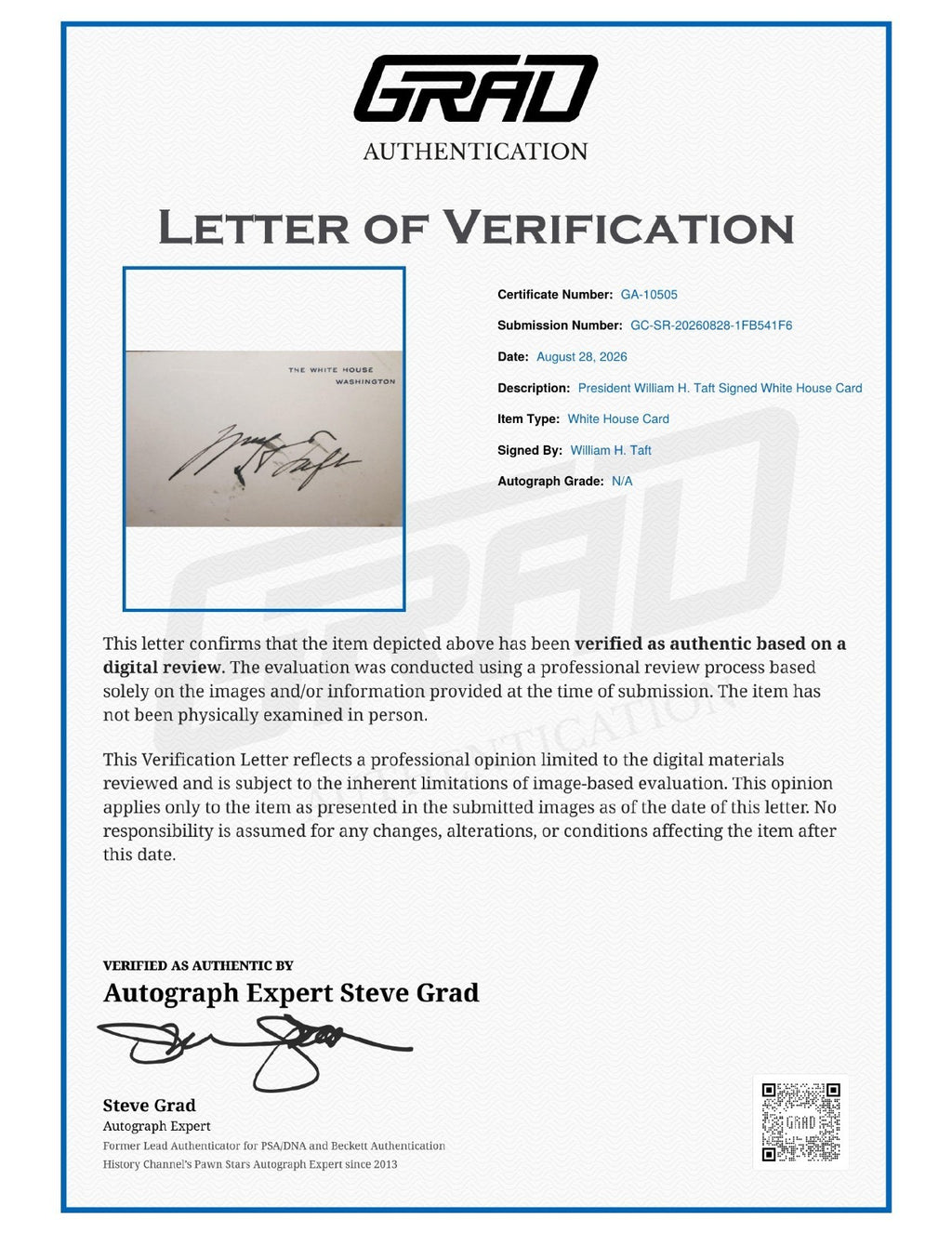 William H Taft Signed Auto White House Card President Grad LOA1