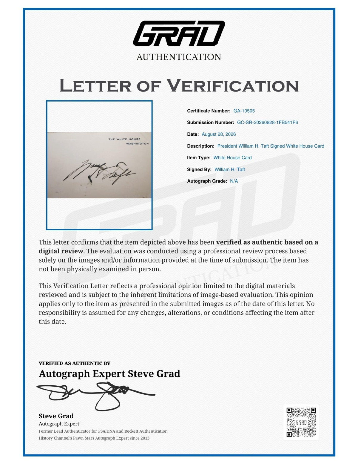 William H Taft Signed Auto White House Card President Grad LOA1