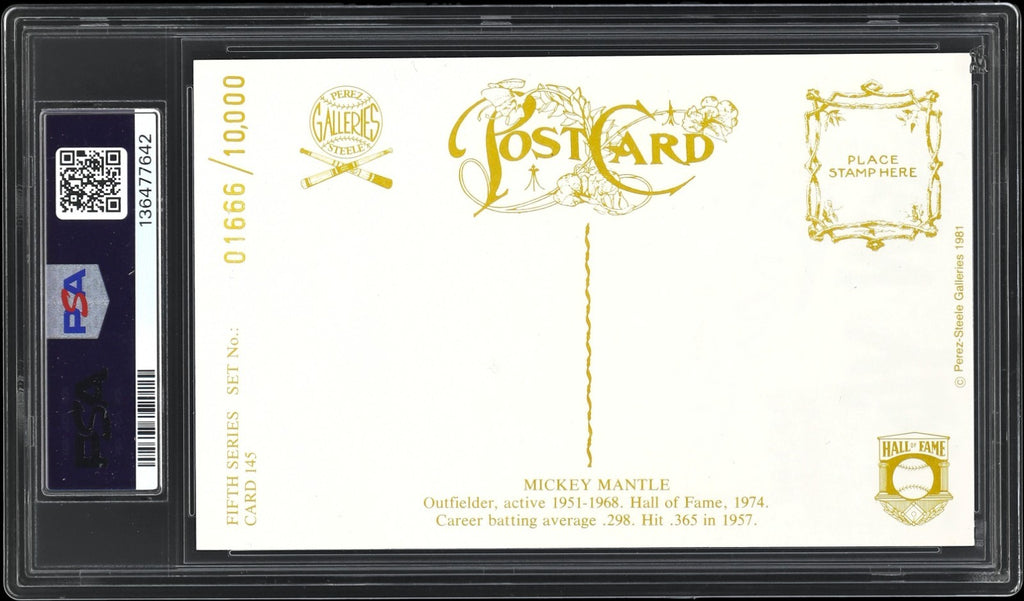 Mickey Mantle Signed Auto 1981 Perez Steele HOF Postcard PSA DNA Gem Mint 101