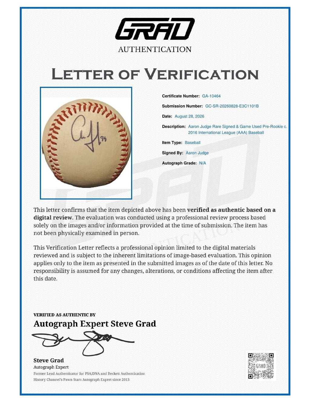 Aaron Judge Signed Auto Game Used 2016 Pre Rookie AAA Baseball Grad LOA2
