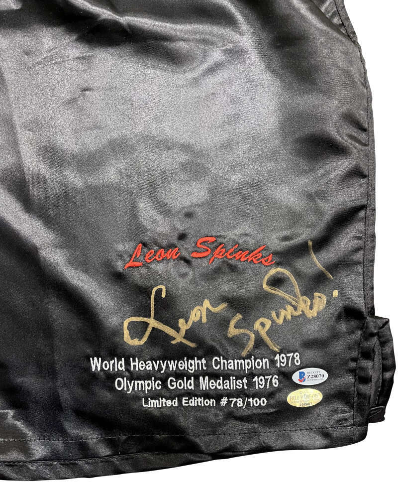 Leon Spinks Signed Personal Model Boxing Trunks Stat Embroidered Beckett BAS 1
