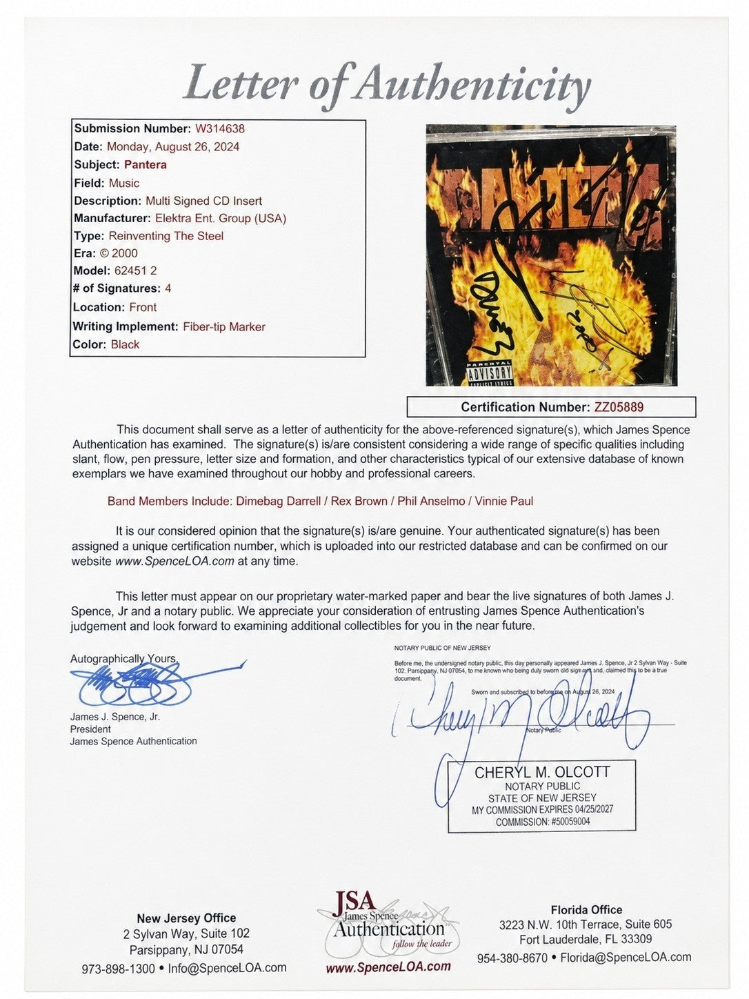 Pantera Group Signed Auto Reinventing the Steel CD Booklet Dimebag Darrell JSA1