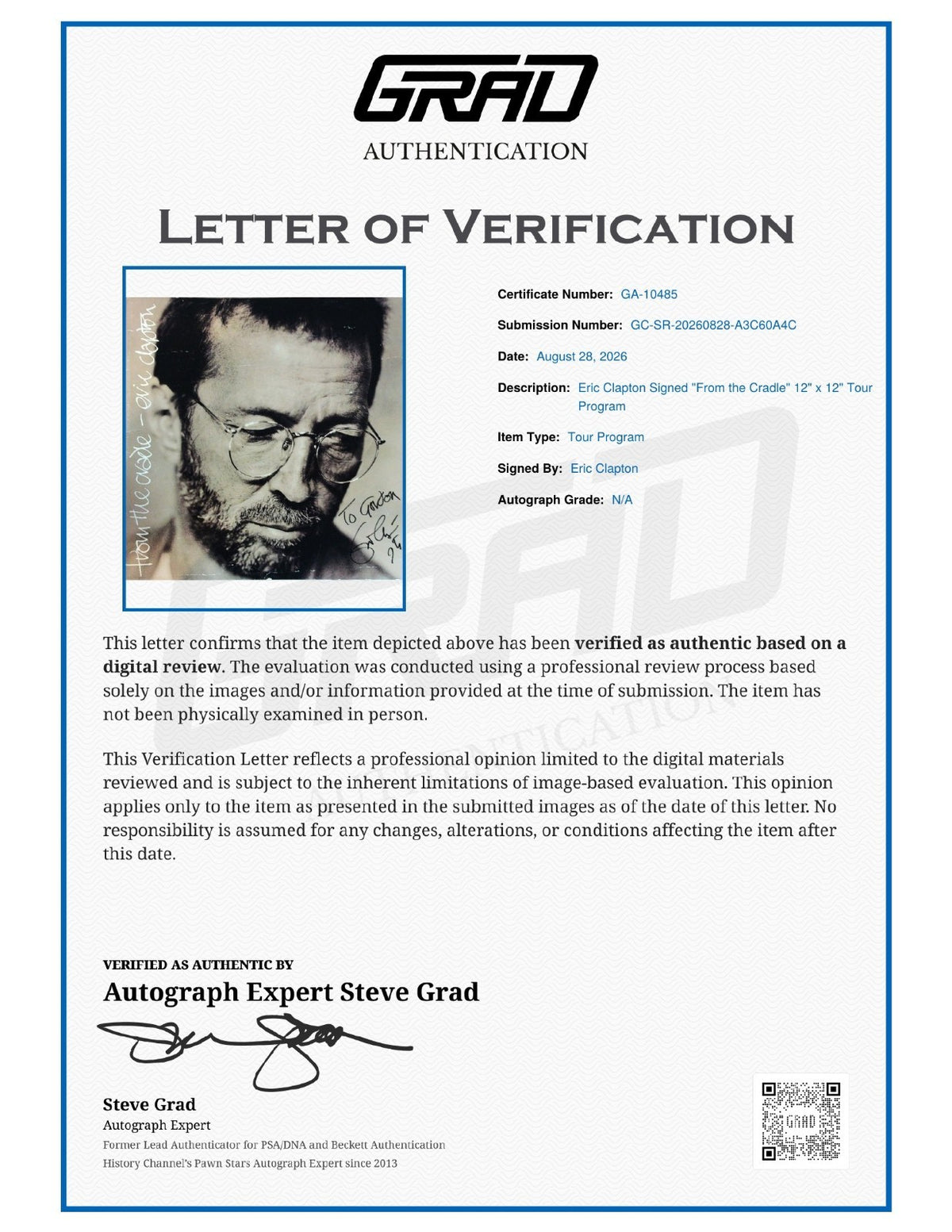 Eric Clapton Signed Auto From the Cradle 12x12 Tour Program REAL Epperson2