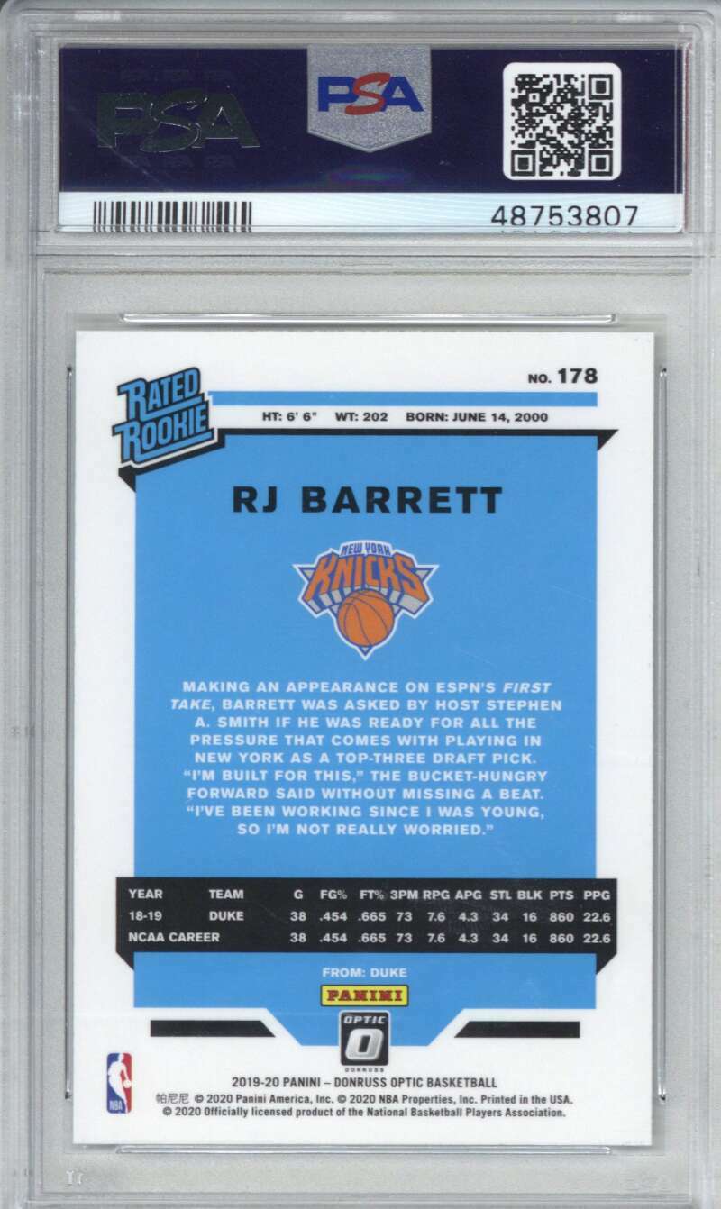 2019 Panini Donruss Optic 178 RJ Barrett PSA 10 1