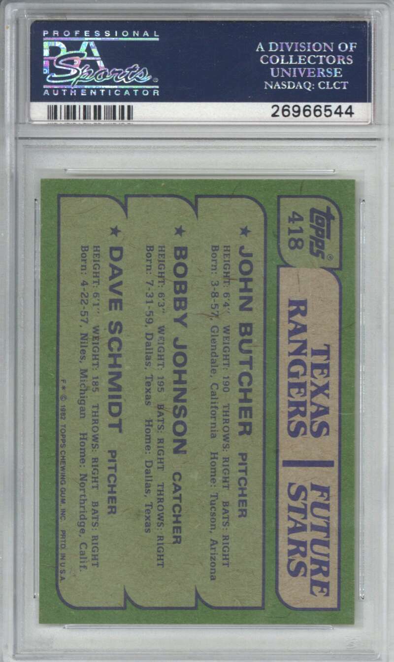 1982 Topps 418 Rangers Future Stars Butcher/Johnson/Schmidt PSA 81