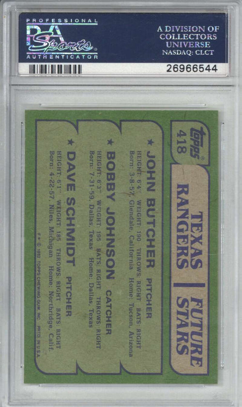 1982 Topps 418 Rangers Future Stars Butcher/Johnson/Schmidt PSA 81