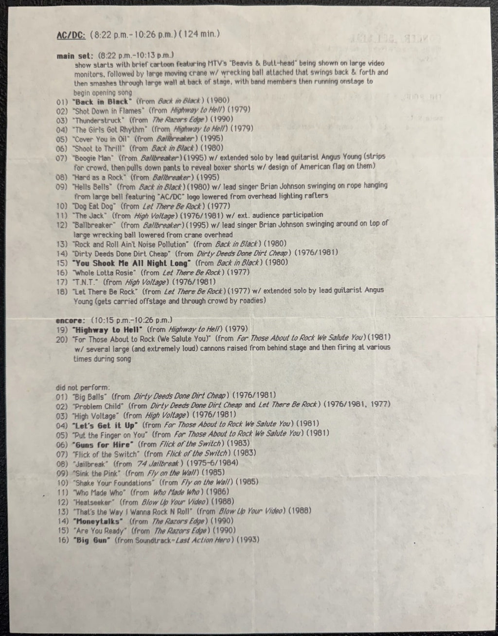 AC/DC Band 1996 Ballbreaker Set List Used0