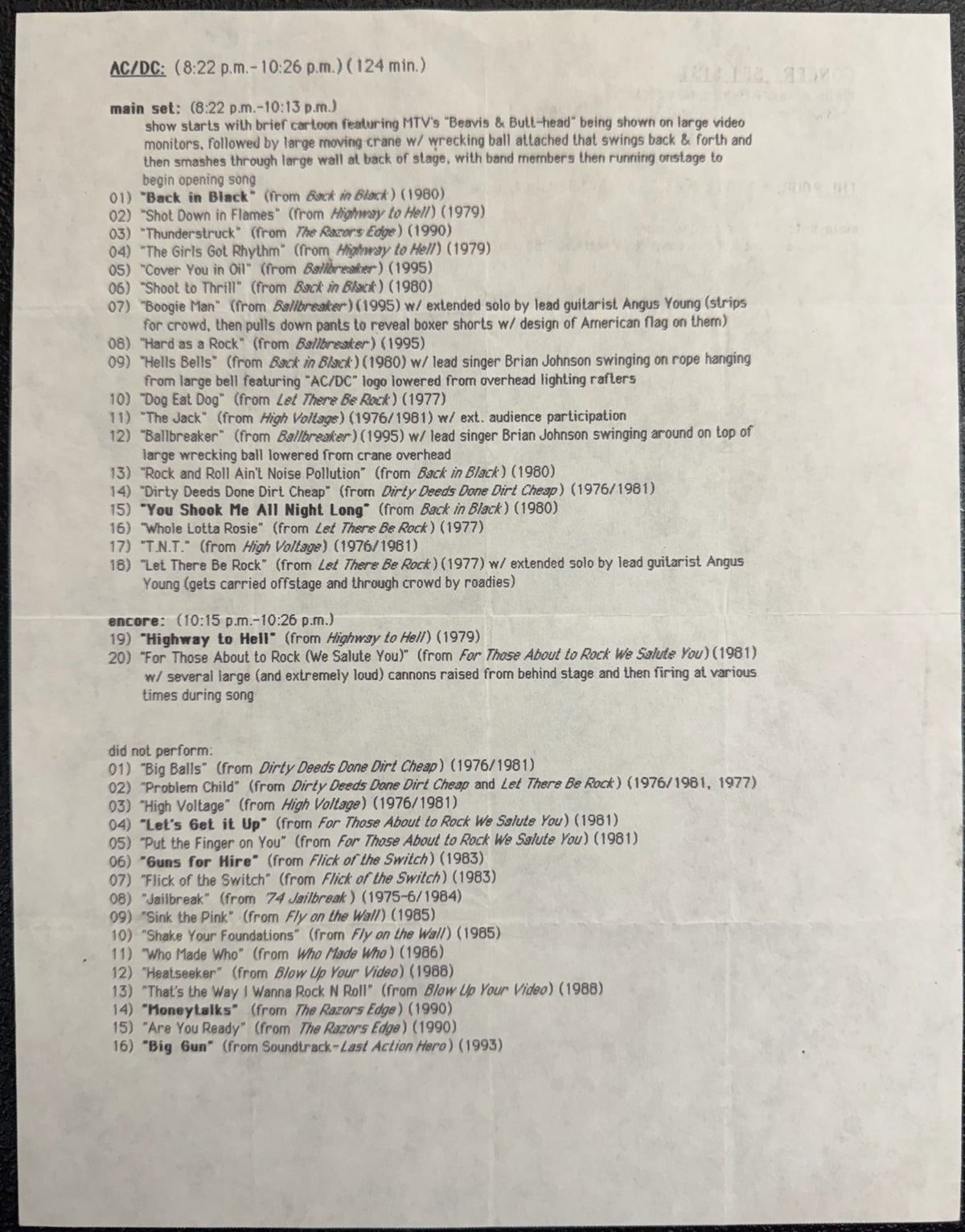 AC/DC Band 1996 Ballbreaker Set List Used0