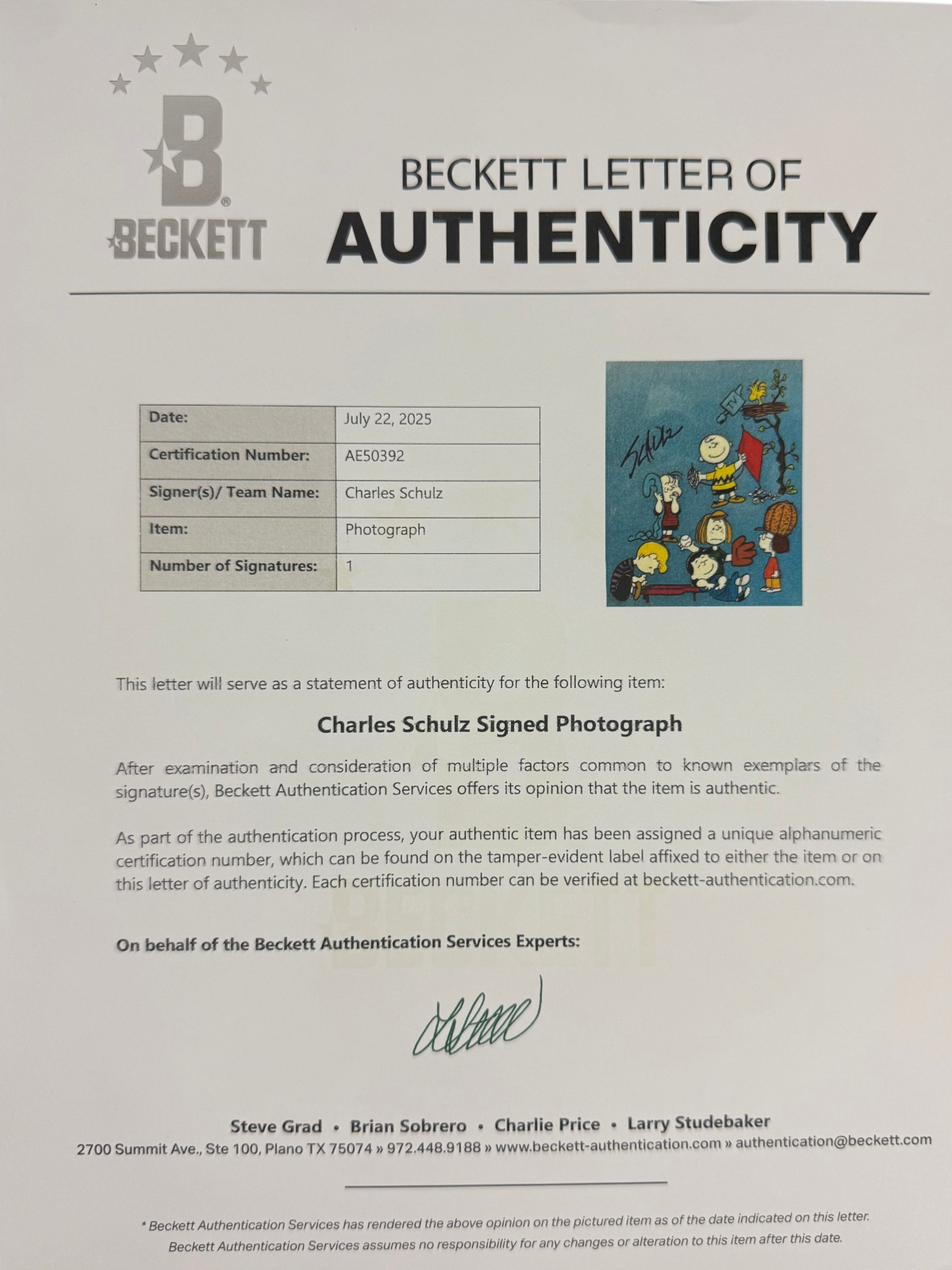 Charles Schulz Signed Auto Peanuts 8x10 Photo Snoopy Charlie Brown Beckett BAS1