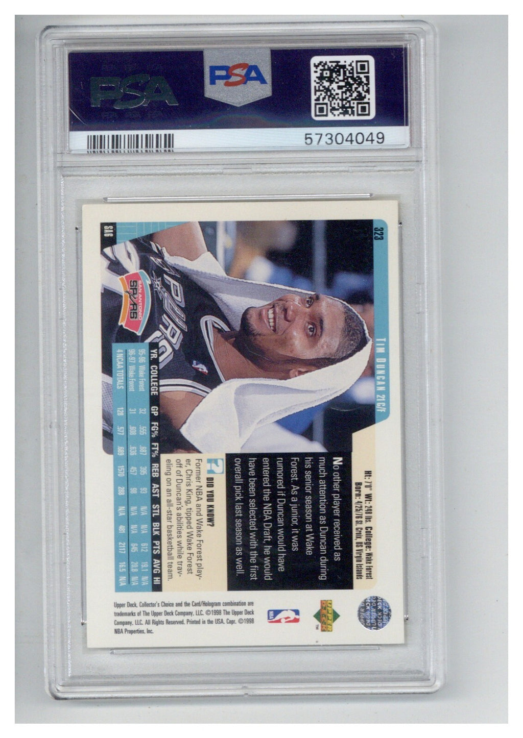 1997 Collector's Choice 323 Tim Duncan PSA 71